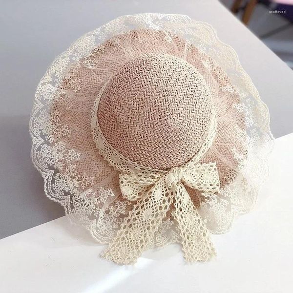 Cappelli a tesa larga Bambini Ragazze Bellissimo cappello di paglia Borsa a tesa larga Fiocco in pizzo Sole Estate Spiaggia Accessori per secchi Regali creativi