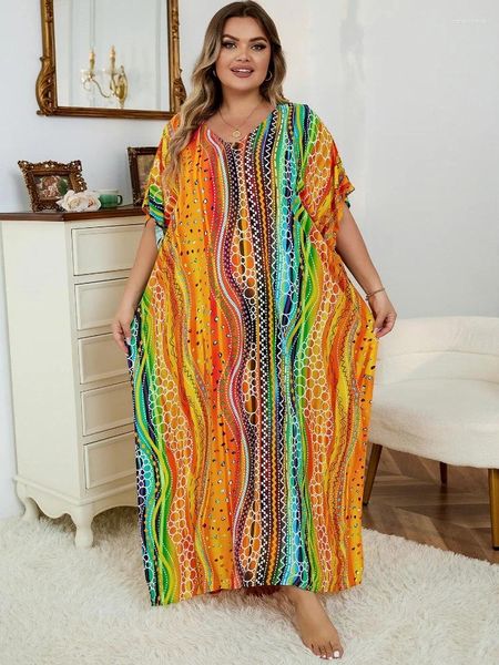 Mulheres Swimwear EDOLYNSA Listrado Moda Kaftan Aconchegante Laranja Elegante Vestido Férias Boho Maiô Cover-up House Robe Caftan Outfit Q1476