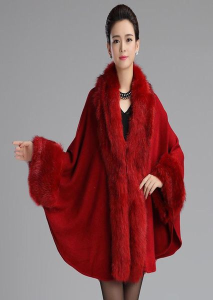 Sciarpe Capispalla caldo Mantello Rosso Nero Bianco Autunno Inverno Grande mantello Sciolto grande cappotto con scialle di pelliccia Poncho3797090