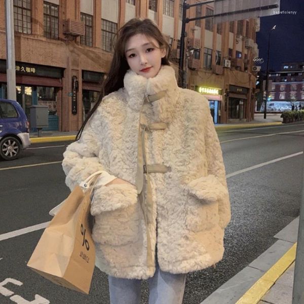 Jaquetas femininas Rimocy estilo coreano lã de cordeiro mulheres 2024 all-match solto casaco peludo senhoras moda streetwear bolsos casacos de pelúcia