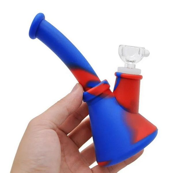 Tubi per acqua con base beaker da 6,5 pollici Mini narghilè in silicone Bong infrangibile con ciotola in vetro Downstem 14mm per tubi da fumo Dab Rigs