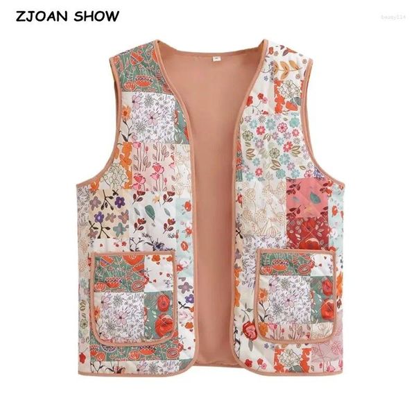 Coletes femininas 2024 mulheres étnicas chinesas flor rosa impressão acolchoada colete sem mangas casaco v pescoço encadernação colete frontal bolso vintage