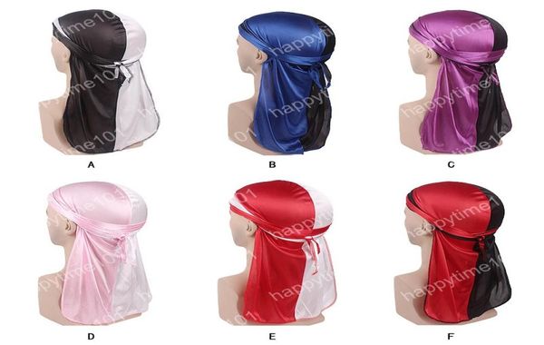 Verkaufen Neue Mode Männer039s doppel farbe Satin Durags Bandanna Turban Perücken Männer Seidige Durag Kopfbedeckung Stirnband Piraten Hut8320672