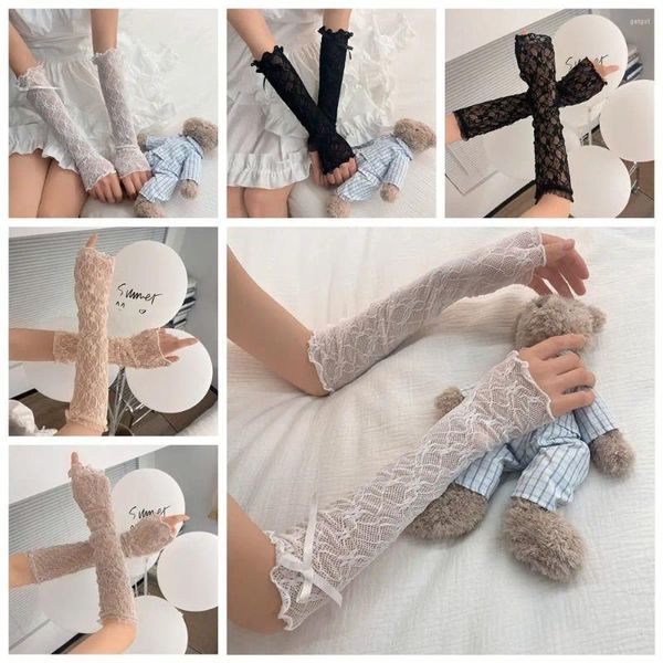 Joelheiras Bowknot Luvas de renda Lolita Ruffle Mangas de braço sem dedos Mittens JK Girls