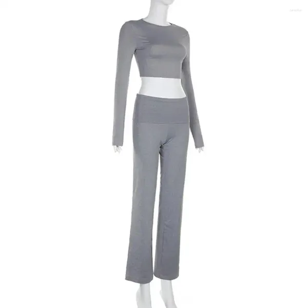 Zweiteilige Damen-Hose, atmungsaktiv, zweiteiliges Yoga-Set für Damen, mit Crop-Top, niedriger Taille, 2 einfarbigen elastischen Rundhalsausschnitten für Fitness