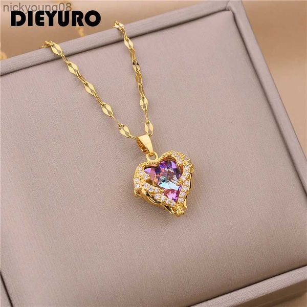 Anhänger Halsketten DIEYURO 316L Edelstahl Schöne Liebe Herz Amethyst Gold Anhänger Glänzend Temperament Geschenk Frauen Schmuck Tragen Jeden Tag 2021