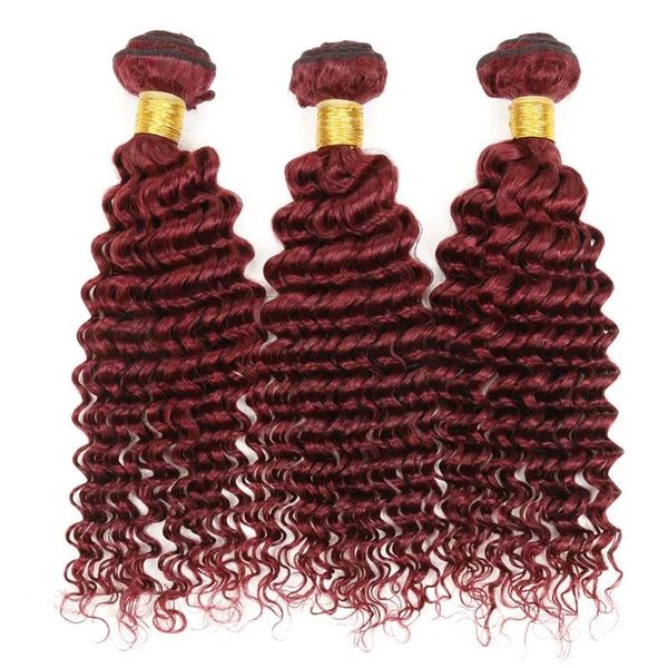 Trame 100% estensioni dei capelli vergini indiani di Remy 3 pacchi 99j capelli ricci indiani colore bordeaux tesse onda riccia profonda indiana economici umani h