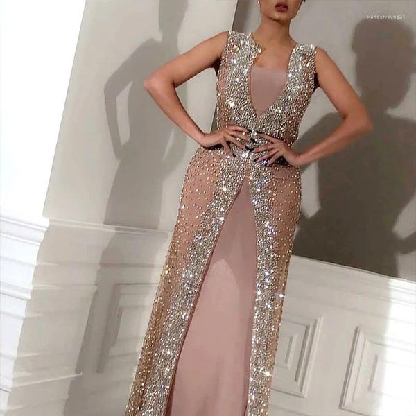 Parti Elbiseleri 2024 Lüks Pembe Sparkle İki Parça Arapça Dubai Akşam Boncuklu Sapırlar Prom Gowns Resmi Elbise Vestidos de Noiva