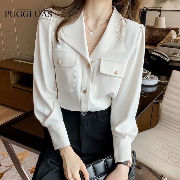 Hemden elegante Chiffon Frauen Hemden Blusen Mode Französisch Drehen Sie Kragen Langarmknopf weißes Hemd Top Chic Office Lady Blusas