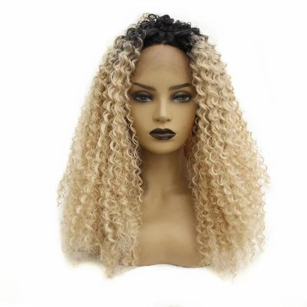 Perücken mit dunklen Wurzeln, Ombré-Blond, langes Afro-Haar, verworrenes lockiges Haar, leimlose synthetische Lace-Front-Perücken, hitzebeständiges Faserhaar für Frauen