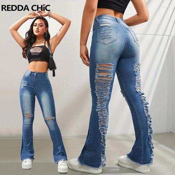 Jeans da donna REDDACHiC Jeans skinny distrutti svasati Donna Scala con fori strappati Lavaggio blu Vita alta Y2k Pantaloni bootcut casual Pantaloni a zampa d'elefante