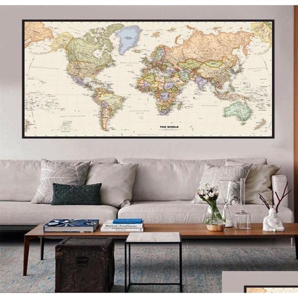 Pinturas O Mapa Político Mundial Retro Canvas Pintura 5 Tamanhos Vintage Wall Art Poster Sala de Aula Decoração de Casa Crianças Escola Dr Dhsuw