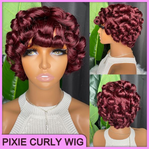 Pixie Cut Lockige Kurze Bob Bang Perücke Weinrot 100 % Remy Rohes Echthaar Lose Welle Brasilianisches Indisches Für Schwarze Frauen