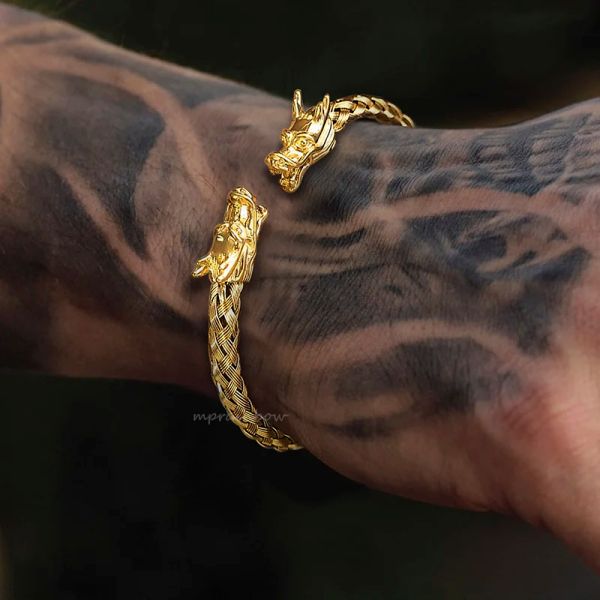 Pulseira de cabeça de dragão, pulseiras masculinas, pulseira de punho de tecido de ouro amarelo 14k, pulseira de empilhamento