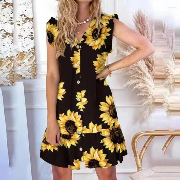 Casual Kleider Vestidos Elegante Damen Sommer V-Ausschnitt Knopf Fliegende Ärmel Lose Druckkleid Sonnenblume Ärmellos Rüschen Mini