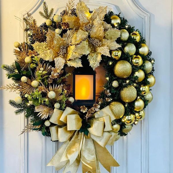 Grinalda de natal com lâmpada arco bola grande flor vermelha navidad festa parede porta janela lareira escada varanda jardim 240102