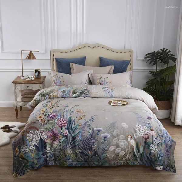 Conjuntos de cama Casa Lençóis e Fronhas Algodão Egípcio EUA Tamanho Grande 4 peças Pássaro Flor Folha Cinza Down Duvet Cover Wi