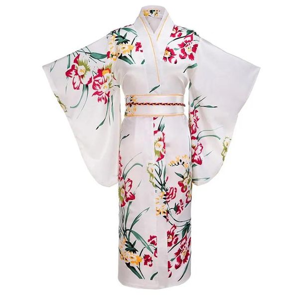 Kleidung, weiß, japanische Damenmode, Tradition, Yukata-Seiden-Rayon-Kimono mit Obi-Blume, Vintage-Cosplay-Kostüm, Abendkleid, Einheitsgröße