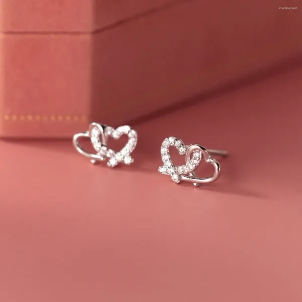 Orecchini a lobo Reale 925 Sterling Silver Incastro Doppi Cuori Orecchini Dainty Hollow Cuore Borchie Gioielleria Raffinata Per Le Donne Ragazze