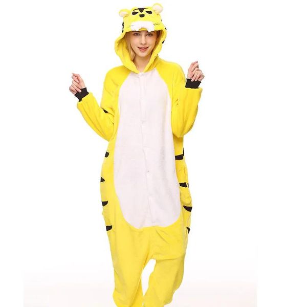 Traje adulto flanela kigurumi amarelo tigre animal pijama unisex macacão traje para halloween carnaval festa de ano novo