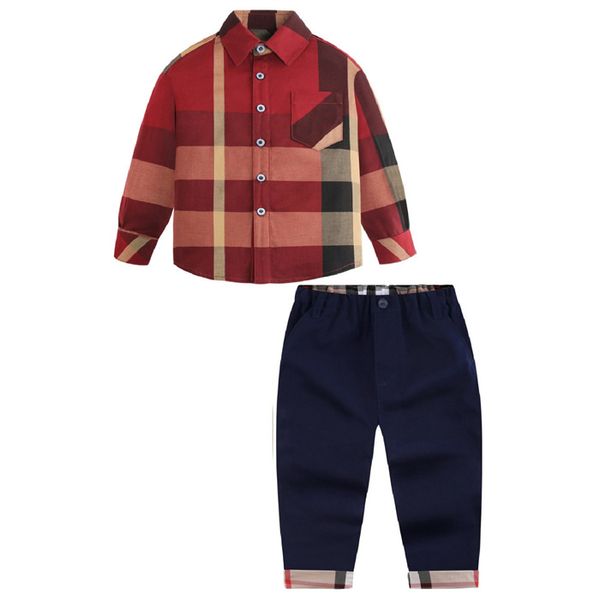 primavera e autunno Nuovi ragazzi adatti ai bambini designer a maniche lunghe stile britannico B camicia a quadri da casa pantaloni lunghi casual set di due pezzi Set di abbigliamento taglia 90-140 cm B5