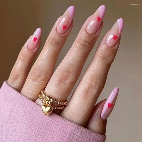 Falsas unhas 24 unidades / caixa rosa coração design amêndoa wearable francês stiletto falso capa completa dicas de unhas pressione