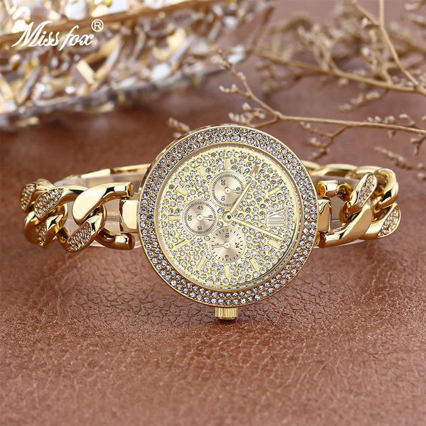Relógio feminino marca de moda missfox luxo ouro elegante vestido festa relógios quartzo para senhoras brilhante pulseira relógio dro 240102