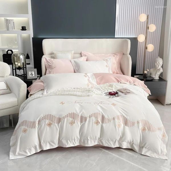 Bettwäsche-Sets, weiße Mode-Stickerei, Baumwolle, Bettbezug, Bettwäsche, Spannbetttuch, Kissenbezüge, Heimtextilien