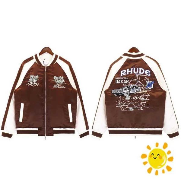 Männer Jacken 24SS Schwerer Stoff Rhude Baseball Mantel Jacke für Frauen Männer Warme Kokosnussbaum Stickerei Kleidung J240103