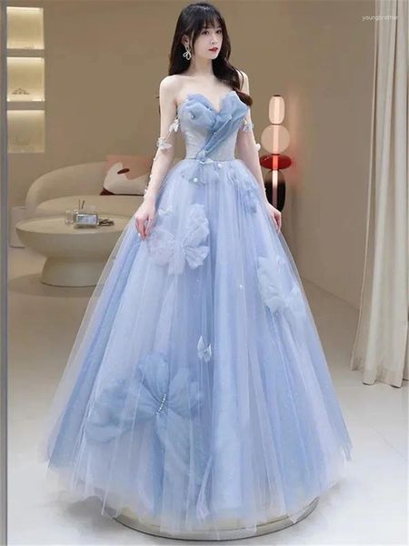 Freizeitkleider Blaues elegantes Prinzessinnenkleid Damenbekleidung Einfarbige Perlenschleife V-Ausschnitt Trägerloser langer A-Linienrock Abendkleid M305