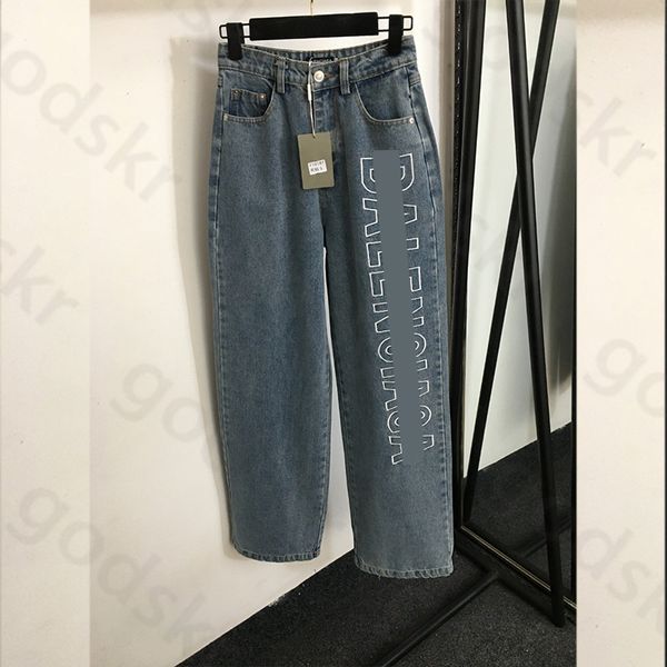 Stickerei-Buchstaben-Jeans für Damen, Designer-Denimhose mit hoher Taille, weites Bein, gerades Bein, Denim-Hose