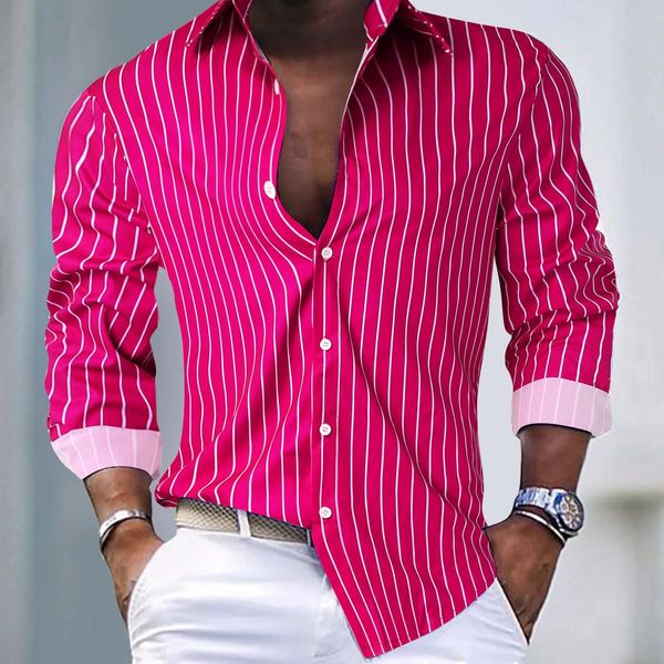 Camisas listradas masculinas camisa de manga longa para homem streetwear estilo rosa vestido social roupas masculinas clube festa botão topo 240103