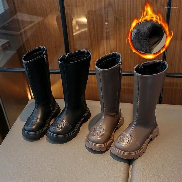 Botas meninas couro coxa-alta criança inverno período marrom sapatos crianças fundo macio preto criança moda longa