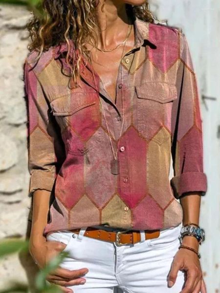 Camicette da donna Camicia con stampa per donna Manica lunga Streetwear Tasca con risvolto vintage monopetto 2024 Primavera Estate Top