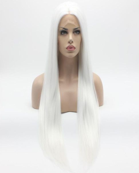 Iwona Hair Straight Extra Long White Wig 221001 Halb handgebundene hitzebeständige synthetische Lace-Front-Perücken6910754