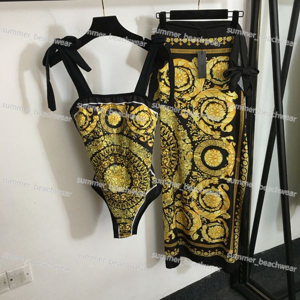 Vintage impresso uma peça maiô cintura alta praia meio vestido conjunto sexy halter bikini para mulher praia banho