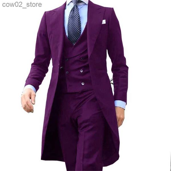 Abiti da uomo blazers blu royal blu coave lungo 3 pezzi Gentleman abito da uomo fumando da sposo moda maschile per giacca da ballo da sposa gilet con q230103