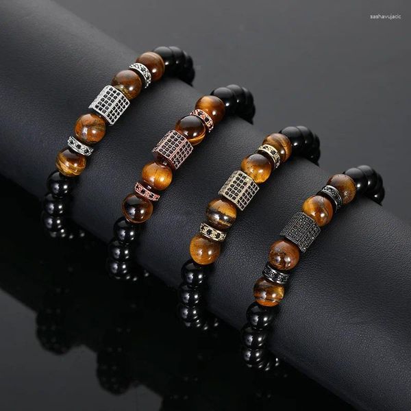 Charm Armbänder Luxus Matte Onyx StoneTiger Eye Kombination Kubikzircon Handschmuck Perlen Armband Elastic Stretch Man