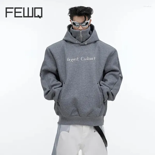 Мужские толстовки FEWQ, осенне-зимний нишевый дизайн, свитер с капюшоном и блестками, двухслойный плиссированный топ с высоким воротом, модная мужская одежда 9C2642