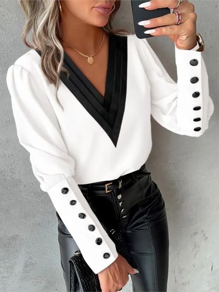 Mode Weiße Bluse Frauen 2024 Langarm V-ausschnitt Casual Pullover Elegante Büro Dame Rosa Tops Shirts Femme 240102