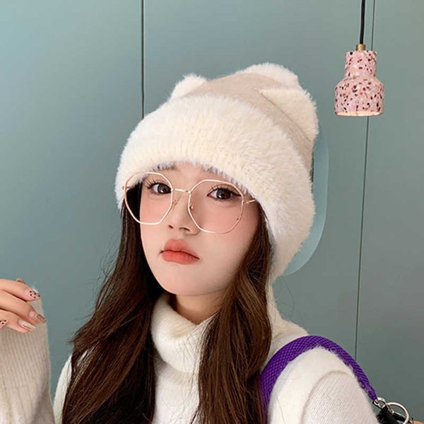 Berretto con teschio Versione coreana Palla di lana invernale Simpatiche orecchie di gatto (pane a forma di cataar al vapore) Cappello lavorato a maglia di peluche addensato caldo antivento Protezione per le orecchie da donna