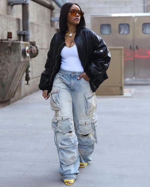 Damen-Jeans, dreidimensionale große Tasche, Retro, lässig, hohe Taille, Knopfleiste, weites Bein, Hose, Outdoor-Streetwear, Y2k-Mode, zerrissen
