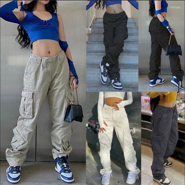 Kadınlar kot sokak kıyafeti serin hip hop sonbahar gündelik motosiklet wahshed baggy cep kargo düz pantolon moda