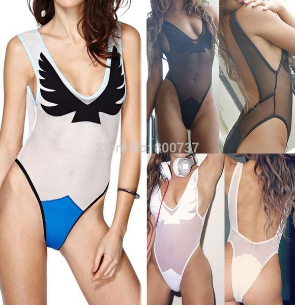 Wholesexy feminino renda oco para fora um pedaço maiô sem costas monokini preto branco azul pássaros impresso maiô sml9905933