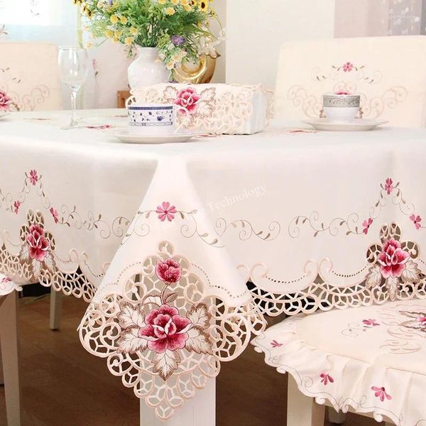 Toalha de mesa de jantar toalha de mesa de jantar bege cetim capa redonda europa luxo bordado rosa cadeira à prova de poeira decoração para casa