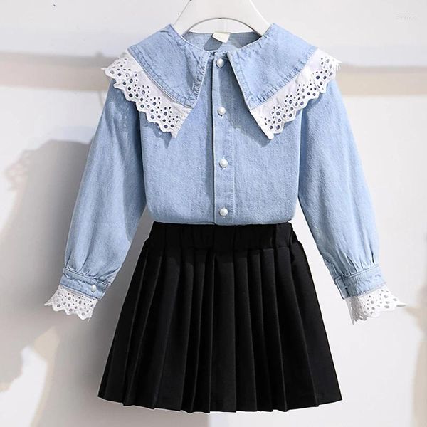 Conjuntos de roupas meninas conjunto crianças roupas terno denim camisa saia 2 pçs outono adolescentes uniforme escolar crianças trajes 6 8 10 12 anos