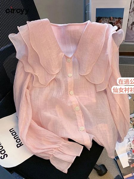 Рубашки Circyy, женские рубашки, розовые однотонные блузки с воротником Питера Пэна, однобортные, с длинными расклешенными рукавами, повседневные летние тонкие 2022, милая одежда