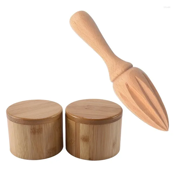 Garrafas de armazenamento 1pcs espremedor de madeira mini espremedor com 2pcs caixas caixa de sal bambu