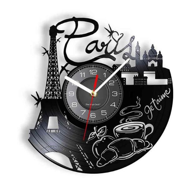 Uhren Paris Eiffelturm Vinyl Longplay Schallplatte Wanduhr Romantik Home Decor Vintage Uhr Wanduhr Französische Architektur Wandkunst H1230