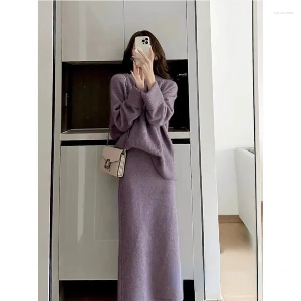 Abiti da lavoro Moda coreana di alta qualità Set da 2 pezzi Completo da donna Viola lavorato a maglia Casual Maglione pullover allentato Gonna lunga Abiti caldi